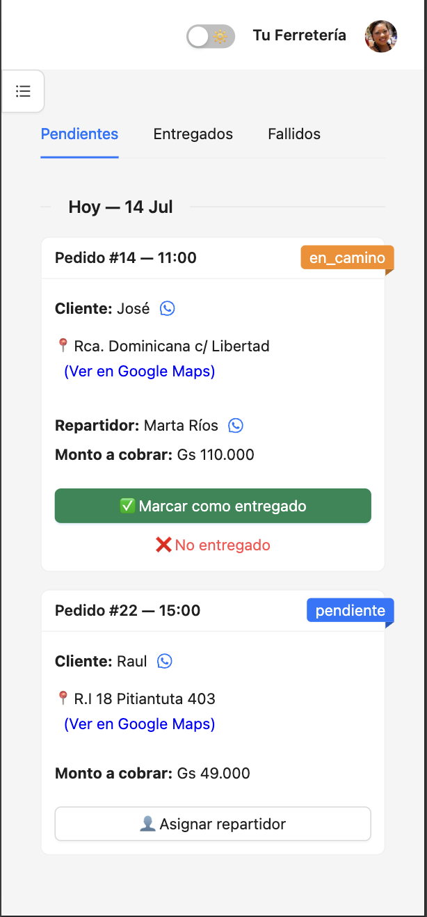 Screenshot lista de pedidos